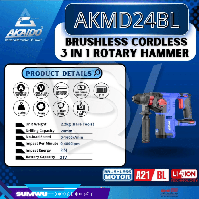 AKAIDO BRUSHLESS CORDLESS ROTARY HAMMER 3 IN 1 AKMD24BL - Image 3
