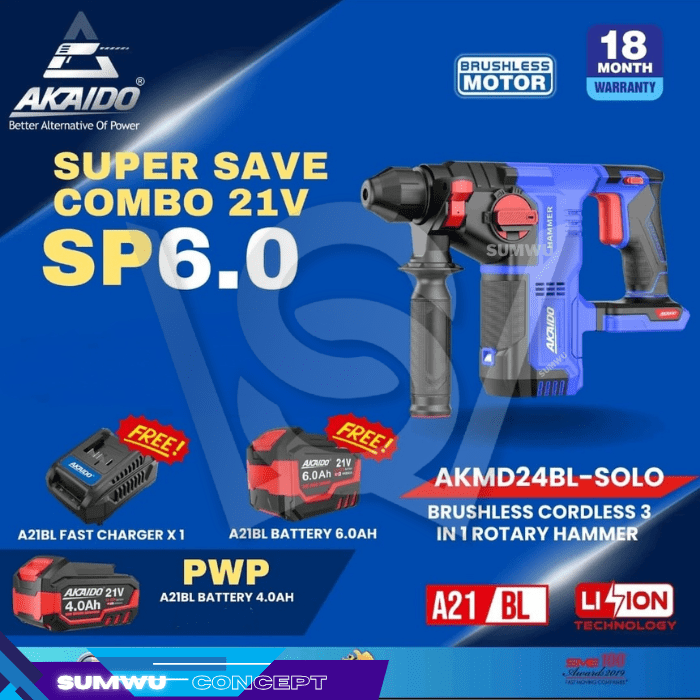 AKAIDO BRUSHLESS CORDLESS ROTARY HAMMER 3 IN 1 AKMD24BL - Image 4