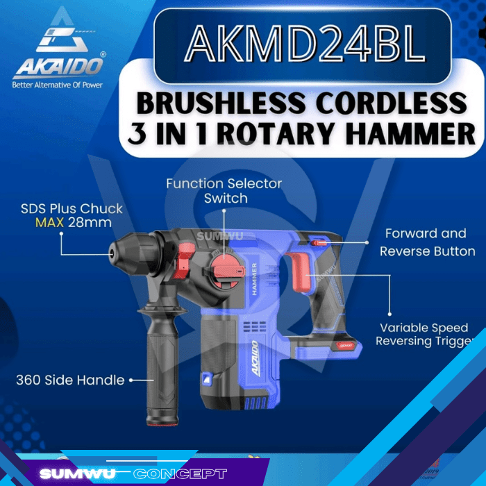 AKAIDO BRUSHLESS CORDLESS ROTARY HAMMER 3 IN 1 AKMD24BL - Image 2