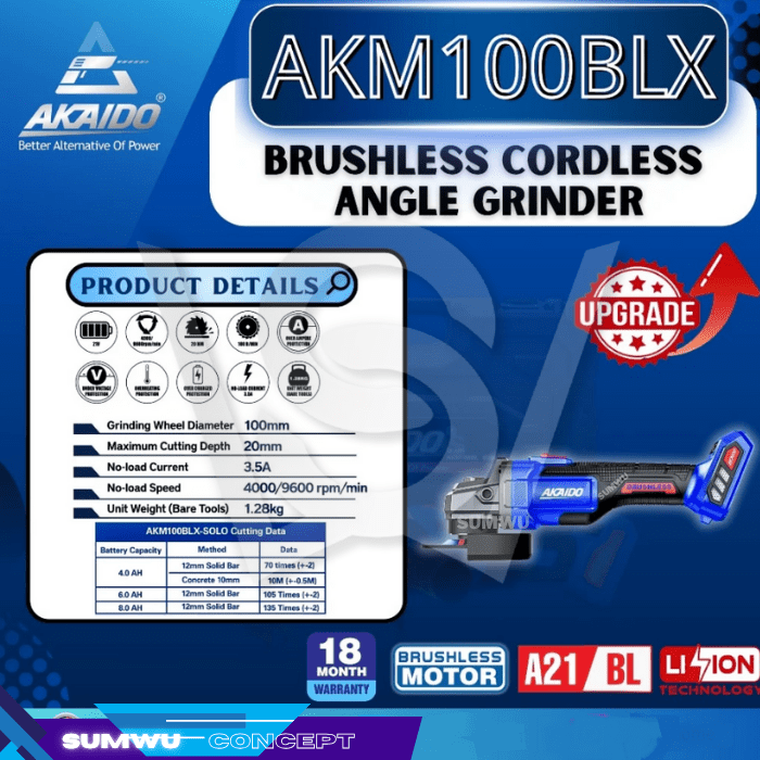 AKAIDO BRUSHLESS CORDLESS ANGLE GRINDER AKM100BLX - Image 3