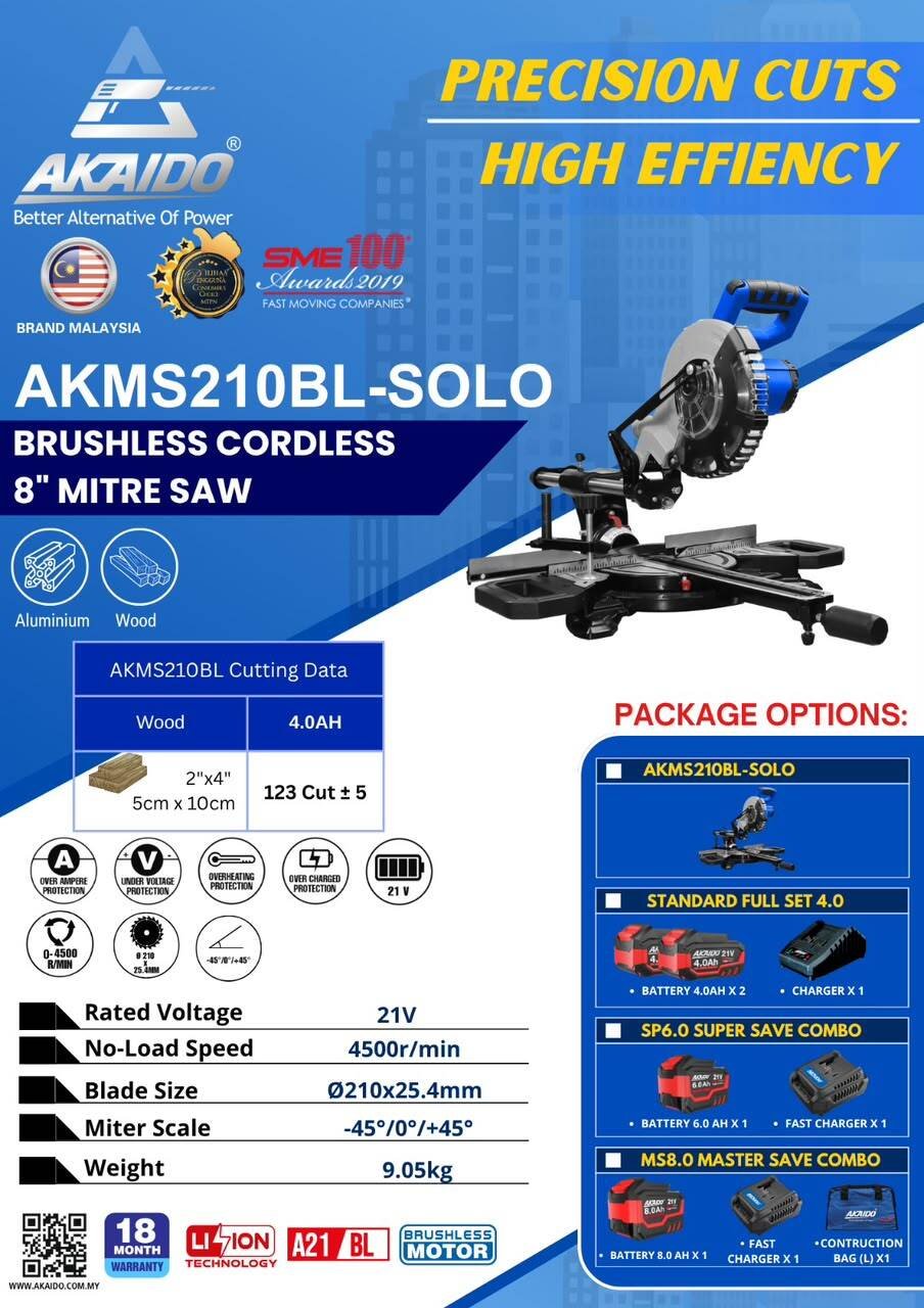AKAIDO 21V BRUSHLESS CORDLESS MITRE SAW 8" (210MM) AKMS210BL - Image 6