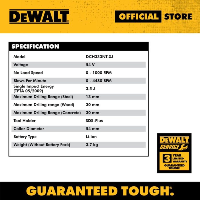 DEWALT 54V DCH333NT-XJ BRUSHLESS 3 MODE SDS-PLUS HAMMER 30MM - Image 3