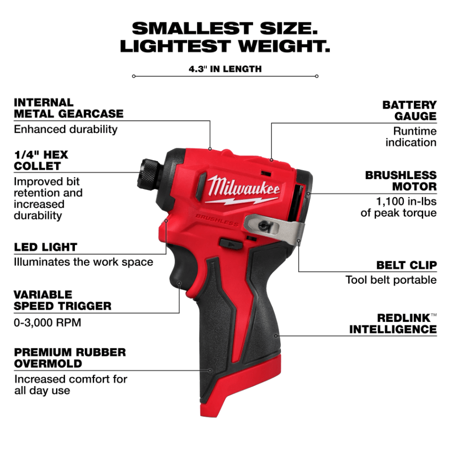 MILWAUKEE M12 SUB-COMPACT BRUSHLESS 1/4" HEX IMPACT DRIVER M12 BLIDRC - Image 2