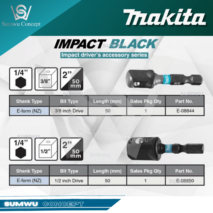 MAKITA E-08844 E-008850 E-FORM IMPACT BLACK SOCKET ADAPTOR 3/8" & 1/2" X 50MM - Image 3