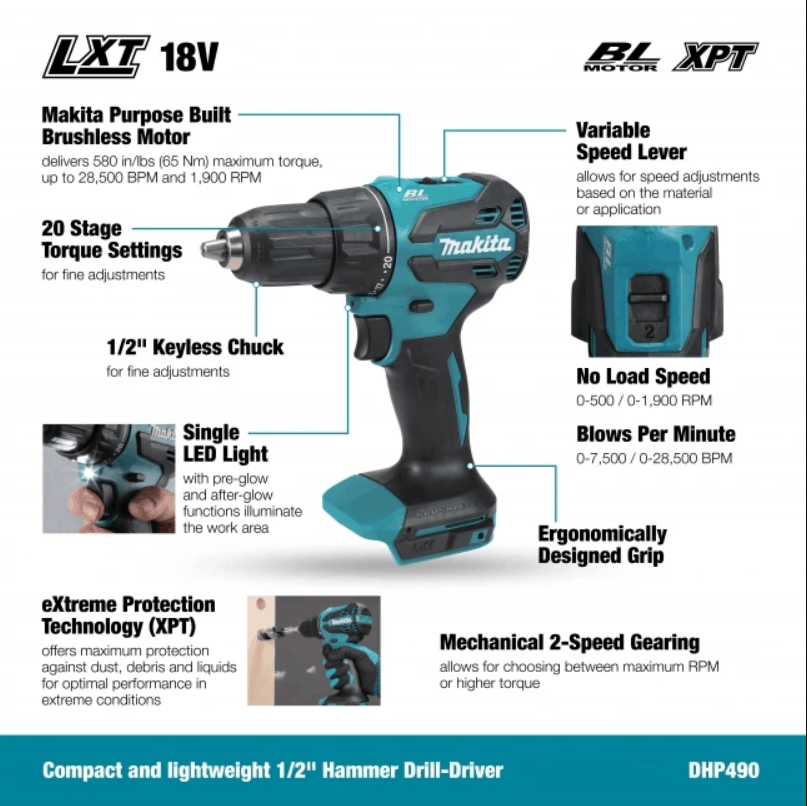 MAKITA DHP490Z 18V 13MM HAMMER DRILL DRIVER - Image 2