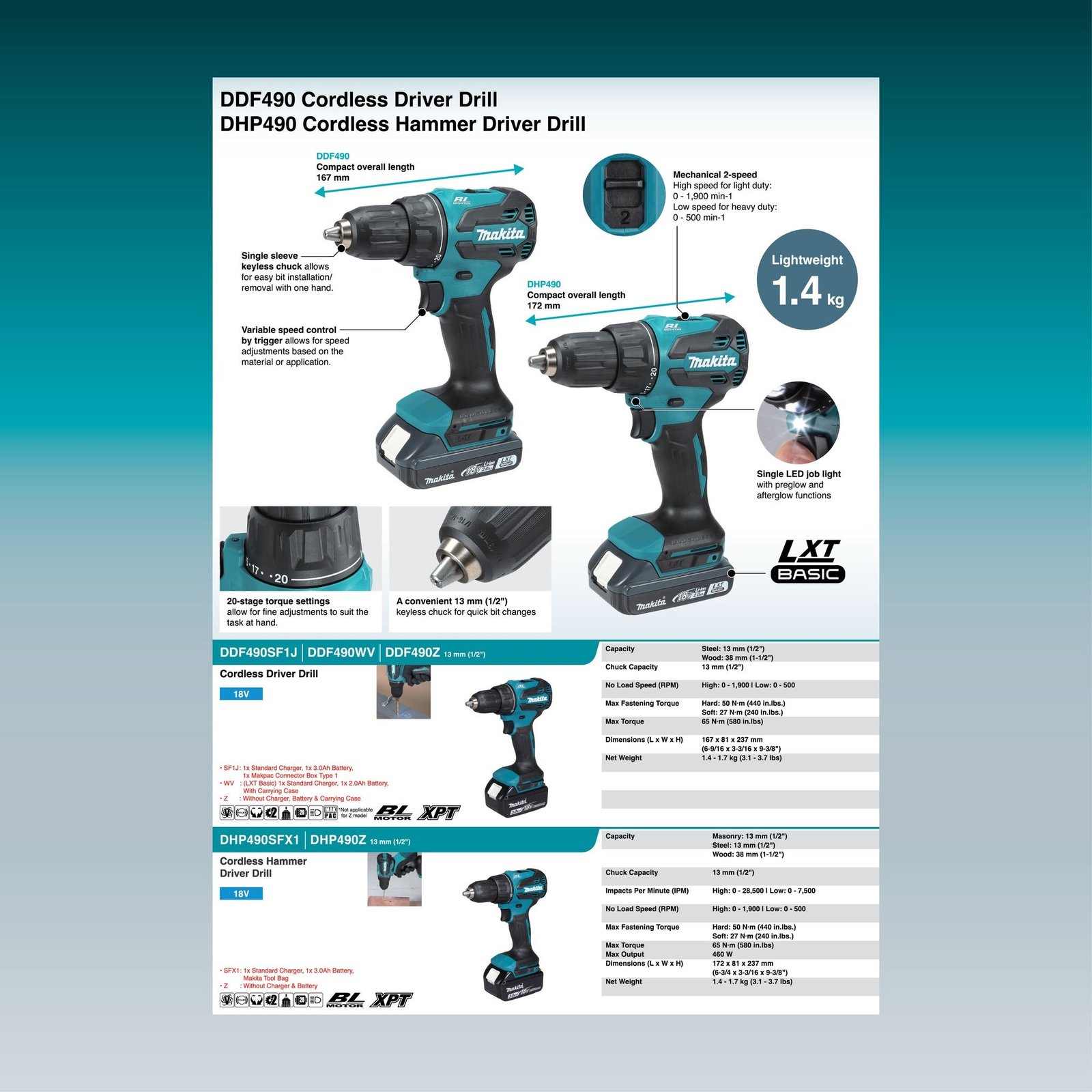 MAKITA DHP490Z 18V 13MM HAMMER DRILL DRIVER - Image 6
