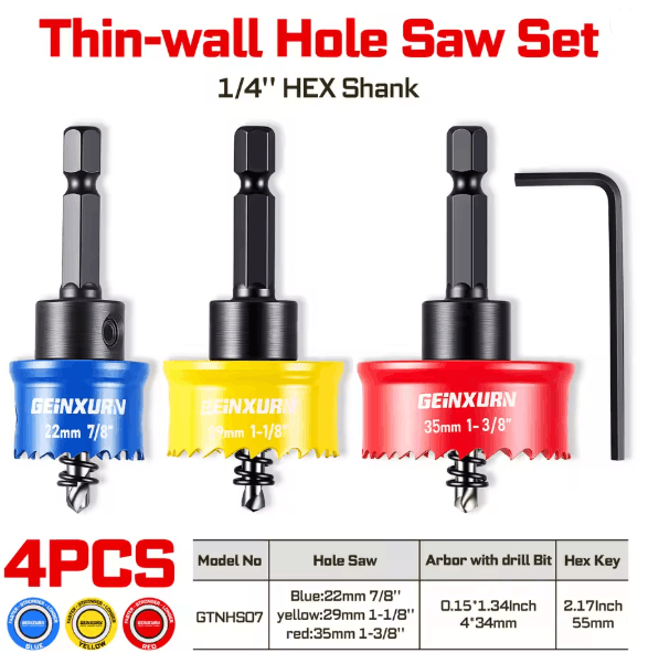GEINXURN 4PCS IMPACT SMALL THINWALL HOLE SAW SET - Image 2